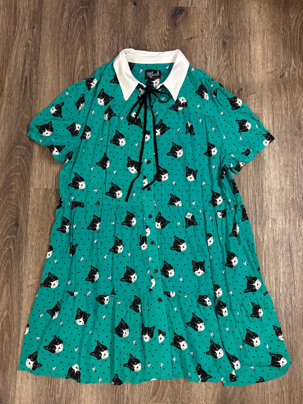Hell Bunny Love Cat Face Lady Mini Dress White Collar Black Bow Smocked Teal 2XL - Picture 2 of 10